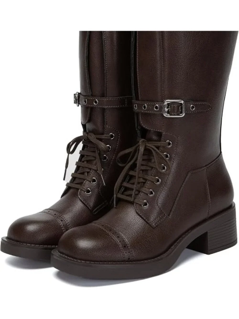 Athlefit Size 8 Riding Boots Brown Wide Calf Lace-Up Square Toe Buckles